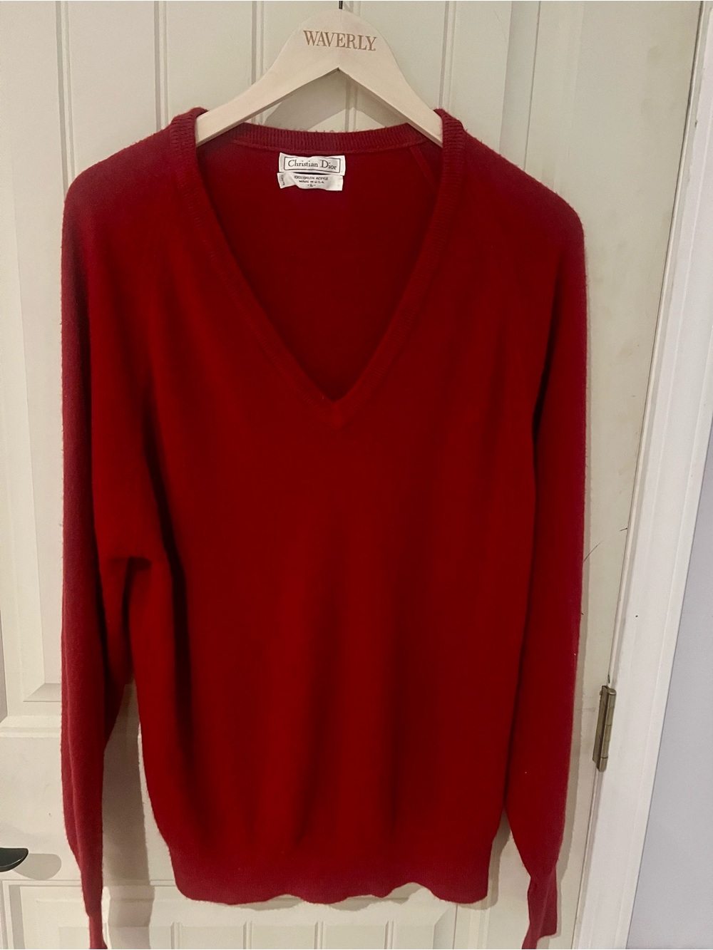 Vintage Christian Dior Women's Deep poliéster Red V-Neck Sweater